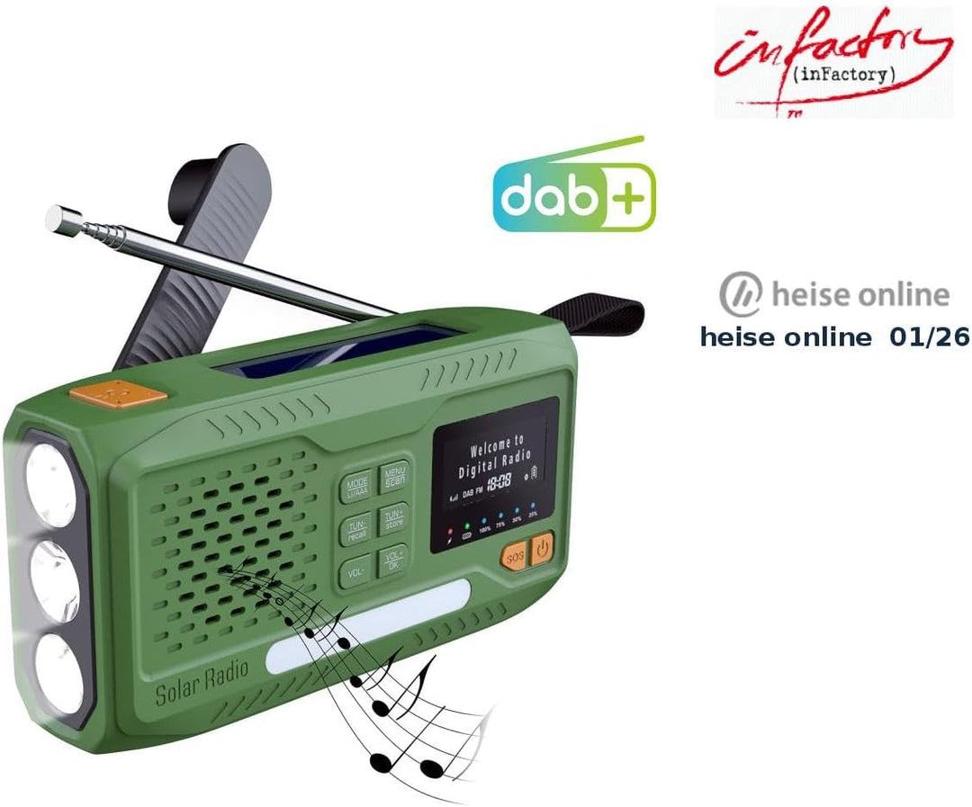 infactory Notfallradio: Mobiles DAB+-Kurbelradio mit EWF, Solarpanel, LED, USB, Bluetooth 5 (Radios,