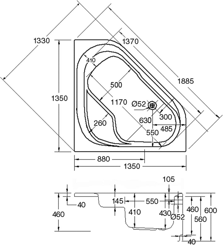 Schulte Badewanne 135x135 Set inkl. Schürze, Fussgesetell, Ab- und Überlauf, Modell A aus hochwertig