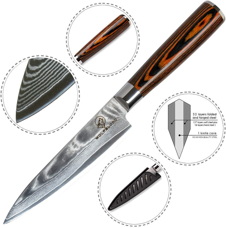 Wolfblood Damastmesser Küchenmesser L(24cm) Profi-Kochmesser aus 67 Lagen Damaststahl und VG10 Allzw