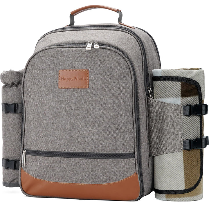 HappyPicnic Isolierter Picknickrucksack für 4 Personen mit komplettem Geschirr, geräumigem Kühlfach,