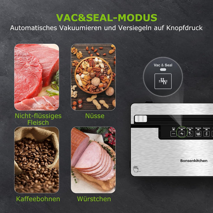 Bonsenkitchen Vakuumierer, Stark Vakuumiergerät mit 5 Modi, 8 L/Min, Globefish-Technologie für Konti