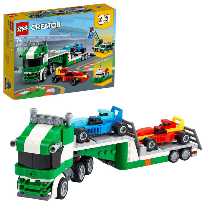 LEGO 31113 Creator 3-In-1 Rennwagentransporter Spielzeug LKW mit Anhänger, Kran und Boot, Rennwagen
