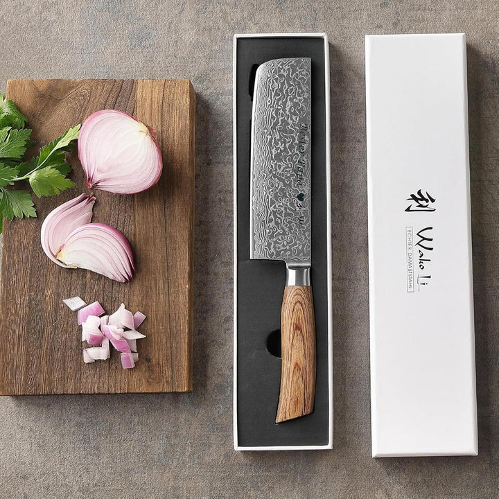 Wakoli EDIB Pro Damast Nakiri Messer mit Gravur – Personalisiertes Gemüsemesser, 18cm Klinge aus 67