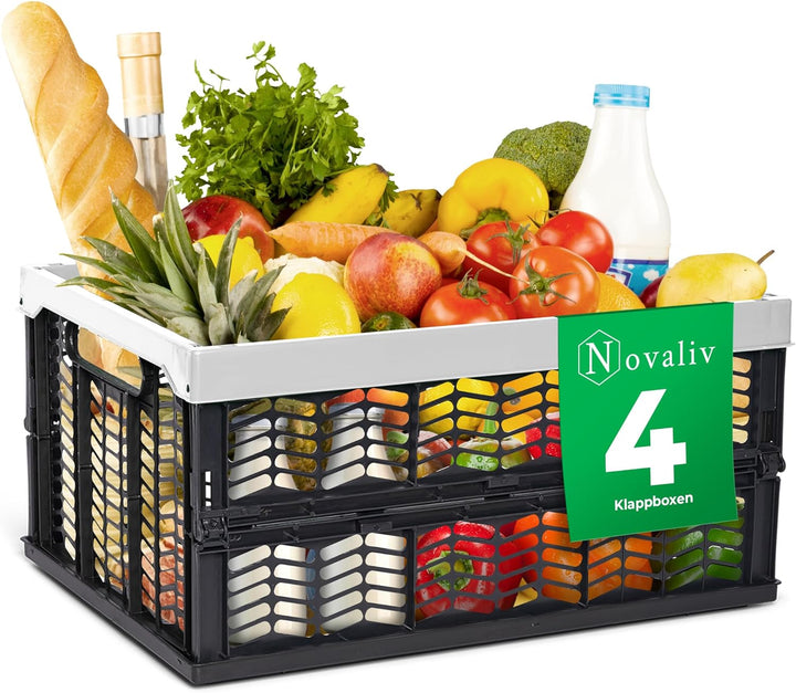 Novaliv Klappboxen faltbar stabil | 4x 30L Grau Schwarz baskets Einkaufskiste| Klappkisten Set Trage