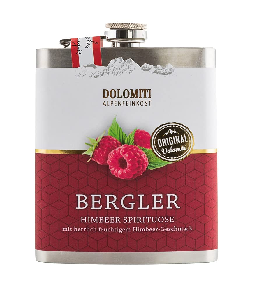 Dolomiti Bergler Himbeer Flachmann 0,2 l – Fruchtiger Himbeerschnaps 35% vol. – Edelstahl-Flachmann
