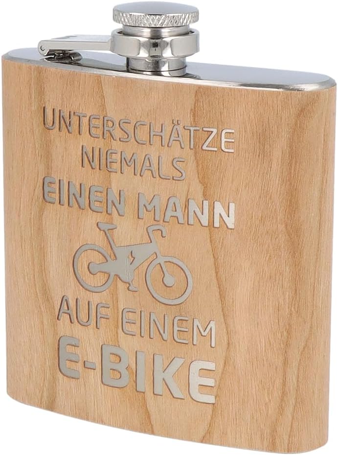 Spruchreif | Gravierter Edelstahl Flachmann | Holz Flachmann mit Gravur E-Bike | Outdoor Geschenk |