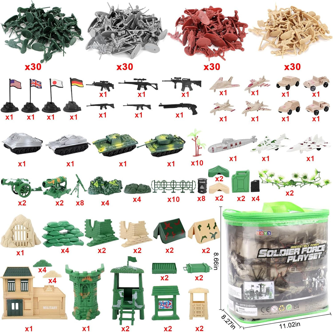 deAO 303 Militär Spielset mit Soldaten, Militärfiguren, Tanks, Flugzeugen, Flaggen, Aufbewahrungstas