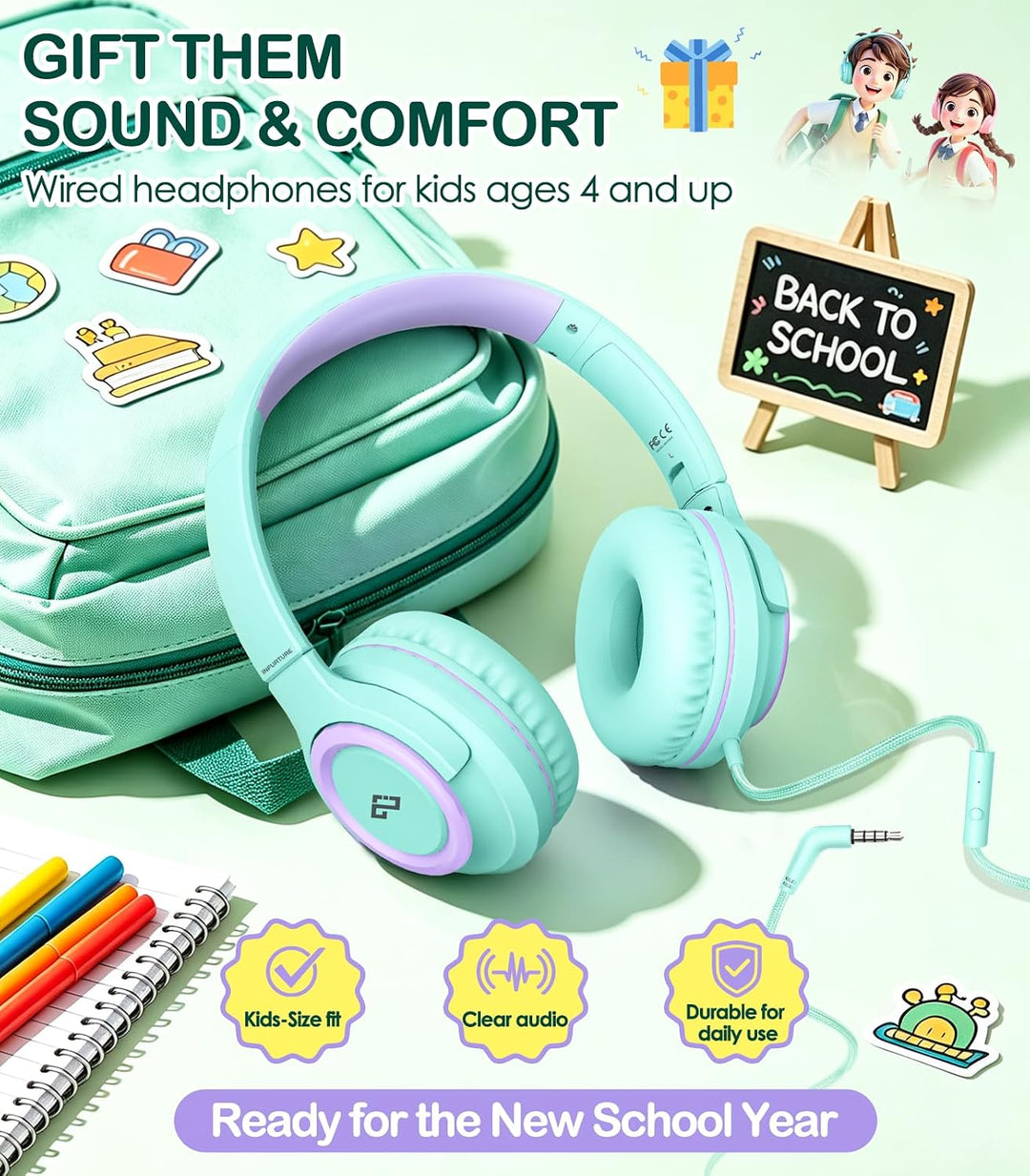 INFURTURE CH1 Kinder Kopfhörer, Kabel Kopfhörer für Kinder, Verstellbares Stirnband, Stereo Sound, F
