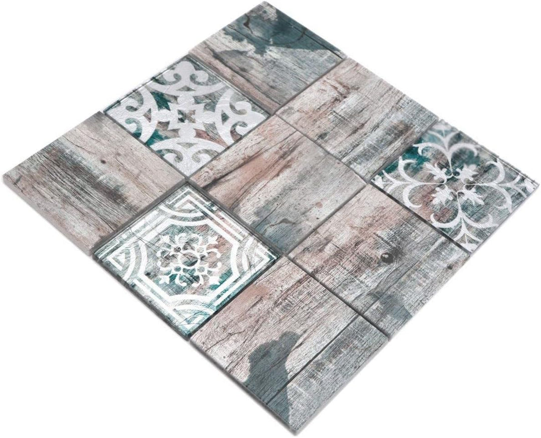 Mosaikfliese Glasmosaik Piastrella Vintage Patchwork grau braun pastell grün Holzoptik Ornament Küch