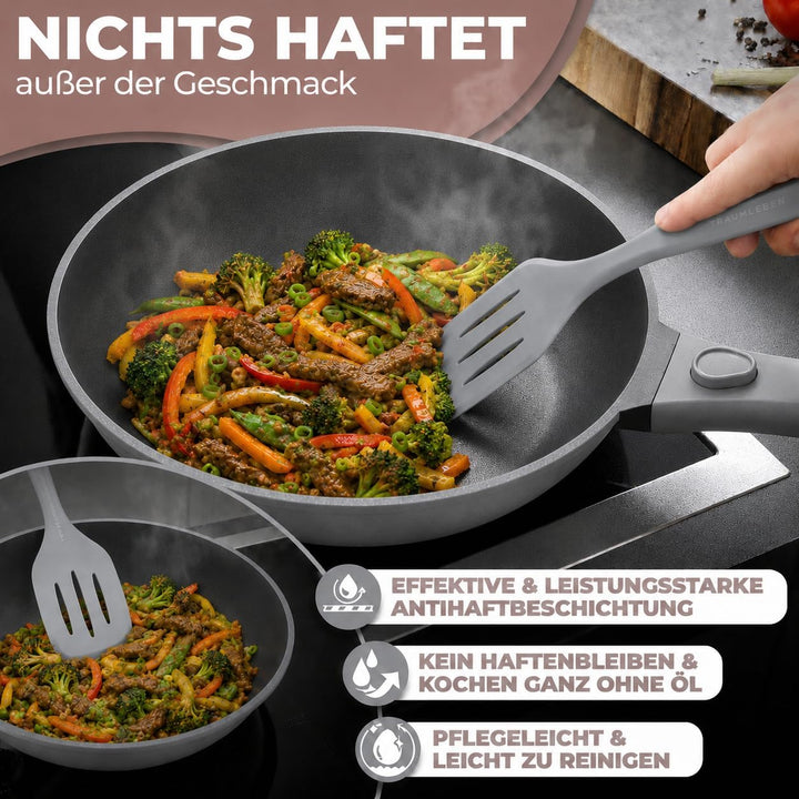 Wokpfanne mit Deckel 28 cm [abnehmbaren Griffe &amp; Antihaftbeschichtung] PFOA-frei, für Induktion geei