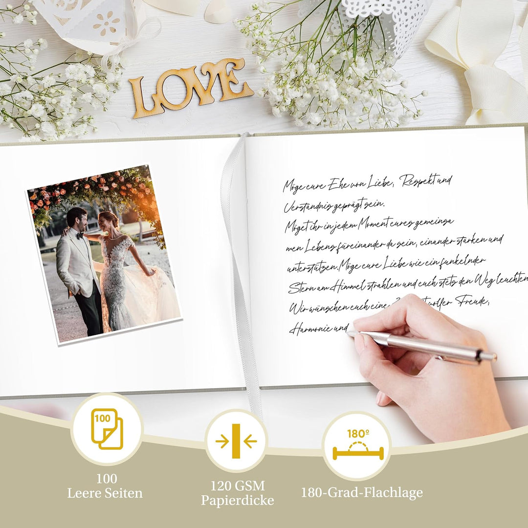 Hyggartn Gästebuch Beige – Leinen Hardcover Gästebuch mit Goldprägung, 100 Seiten Blanko – Dekorativ