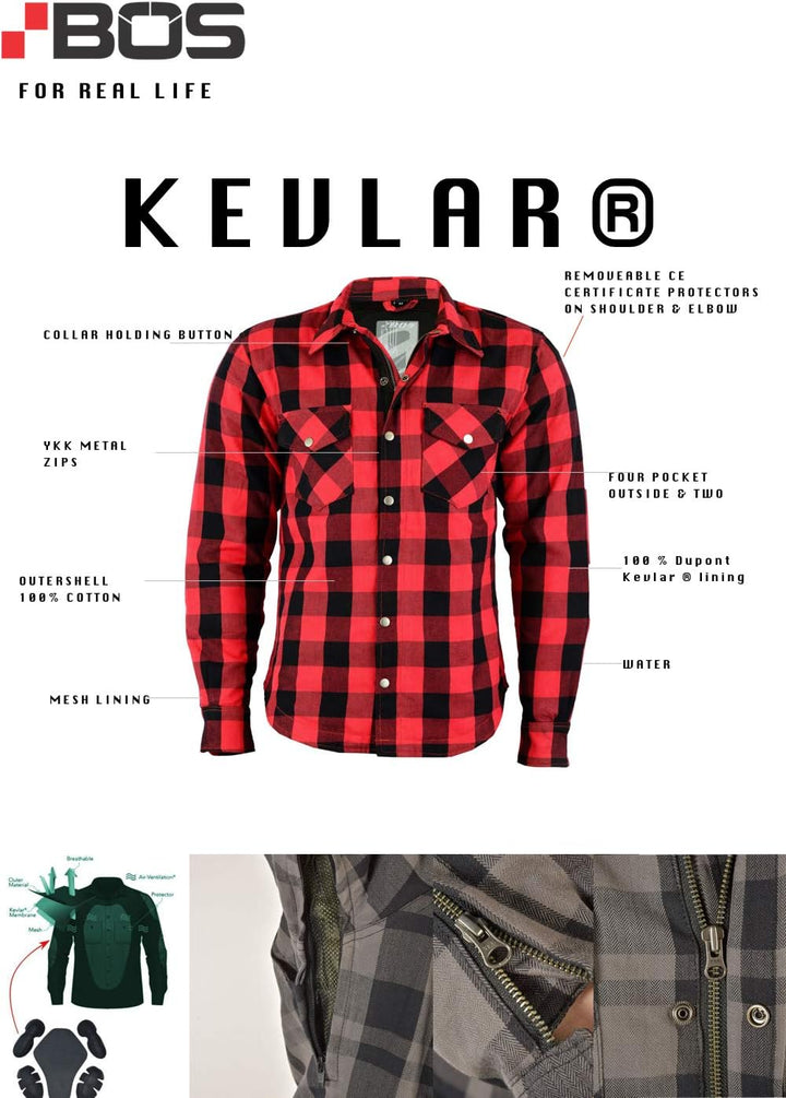 Motorrad Kevlar Aramid gefüttert Schutz Flanell Hemd, (XL, Rot/schwarz), XL Rot/Schwarz