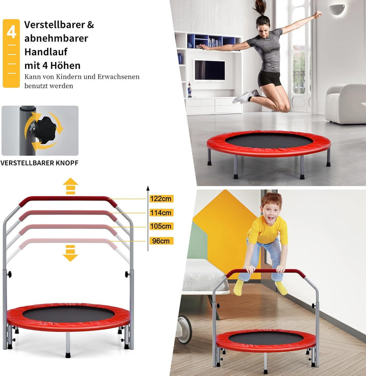 GOPLUS Fitnesstrampolin Indoor, φ101cm Mini Trampolin mit höhenverstellbarer Haltegriff, klappbares