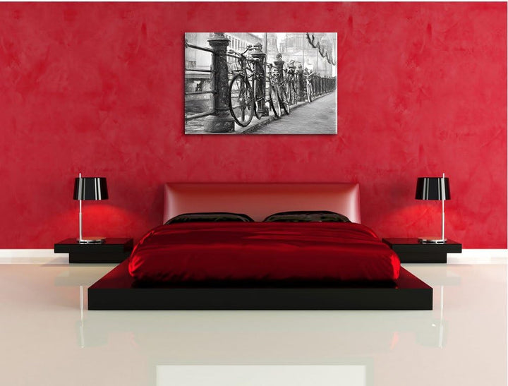 Pixxprint Fahrräder am Kanal 100x70cm Leinwandbild Wandbild Kunstdruck, 100x70
