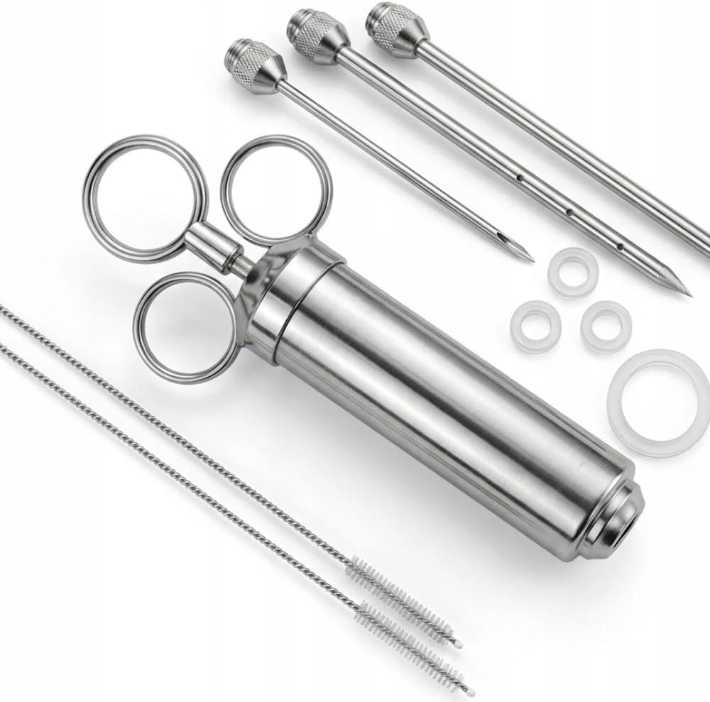 Marinadenspritze Edelstahl 60 ml mit 3 Nadeln, Fleischspritze BBQ, Marinaden Injektor für Grillen, R