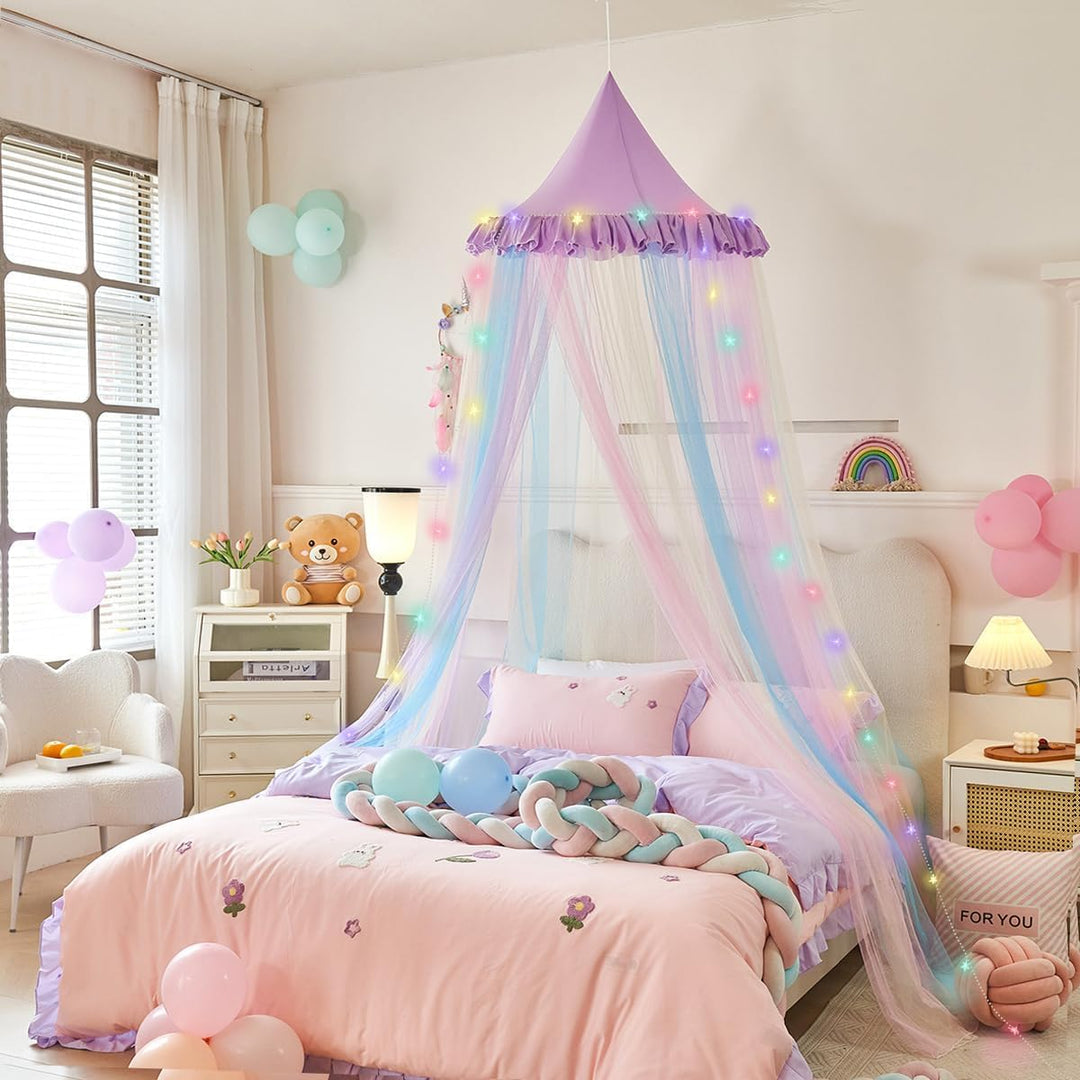 LED -LichtRegenbogen-Moskitonetz, Betthimmel,Prinzessinnen-Baldachin für Mädchen buntes Netz-Nähte,