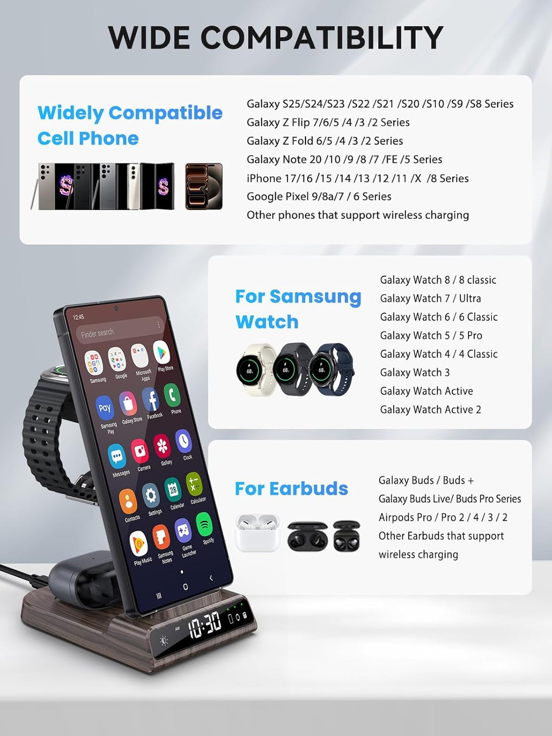 Wireless Charger für Samsung Galaxy S25 Ultra, Induktive Ladestation mit Digitaluhr für Samsung Gala