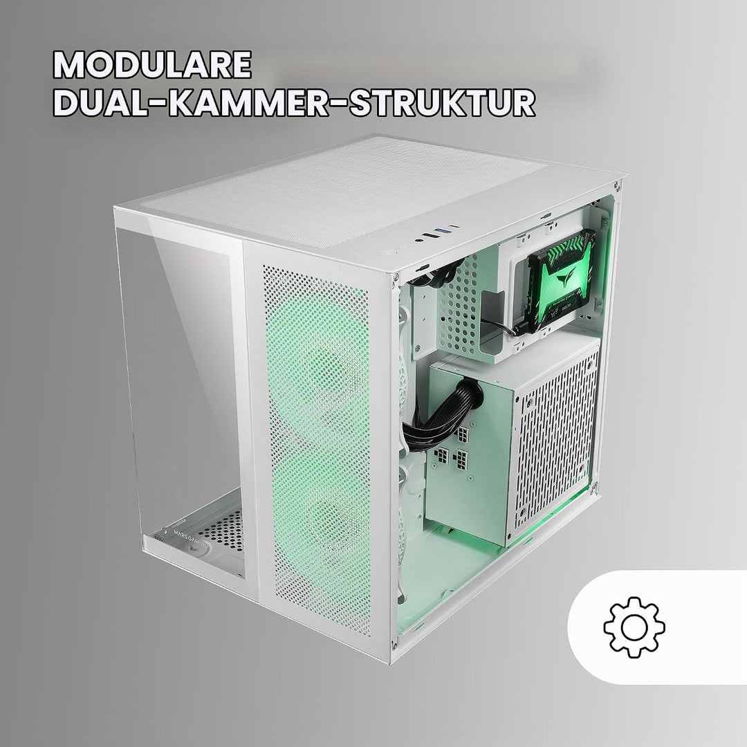 Mars Gaming MC-NOVAM Weiss, Custom MicroATX Compact Gehäuse, Dual Window Durchgehend Gehärtetes Glas