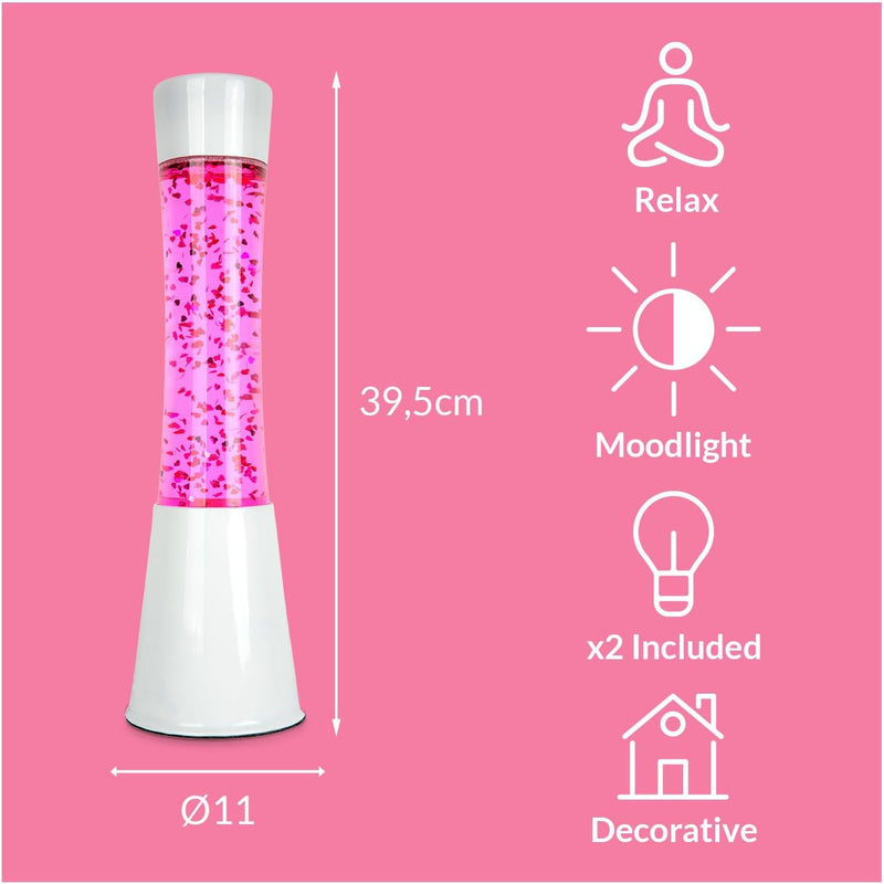 FISURA - Rosa Lavalampe. Weisser Sockel, rosa Flüssigkeit und glitzernde Herzen. Lampe mit Entspannu