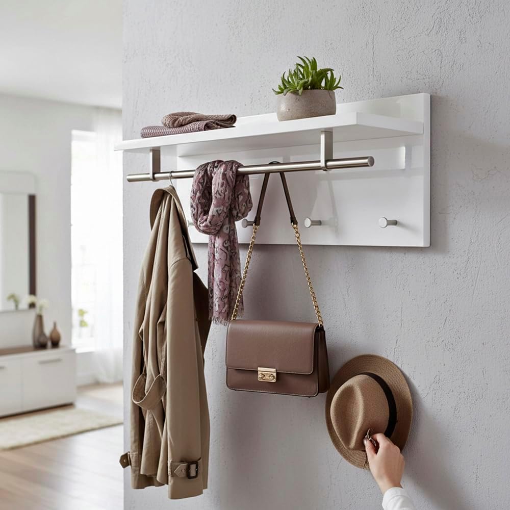 HAKU Möbel Wandgarderobe, MDF, weiss-edelstahloptik, B 75 x T 26 x H 30 cm 26 x 75 x 30 cm Weiss-ede