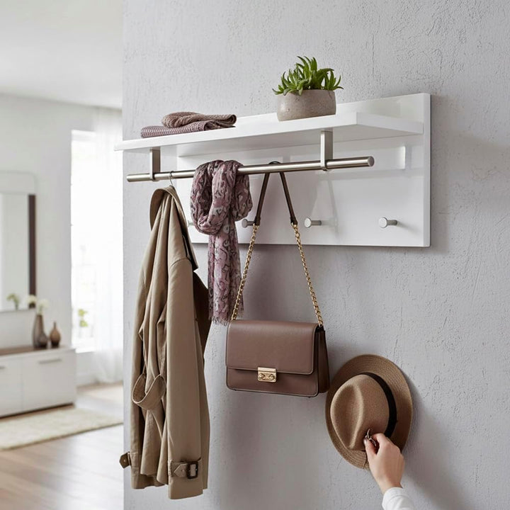 HAKU Möbel Wandgarderobe, MDF, weiss-edelstahloptik, B 75 x T 26 x H 30 cm 26 x 75 x 30 cm Weiss-ede