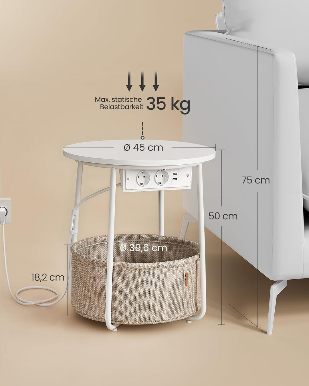 VASAGLE Beistelltisch rund, Kleiner Tisch, Couchtisch mit Steckdose, Wohnzimmertisch, Korb aus Stoff