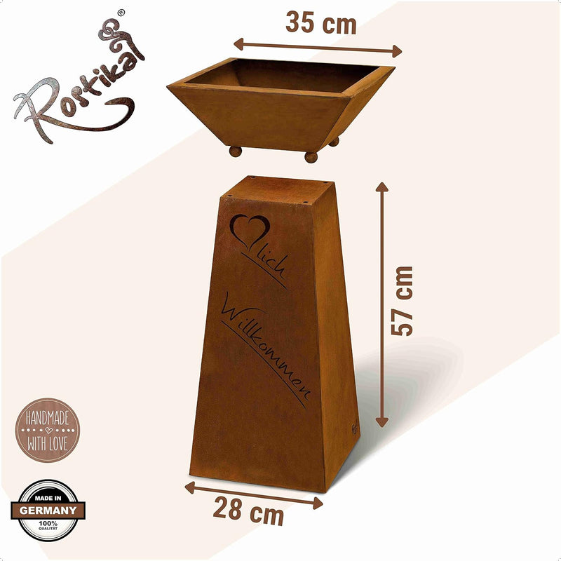 Rostikal | Willkommen Säule Garten Rost mit Dekoschale | Rost Gartendeko Pflanzschale | Höhe 72 cm B