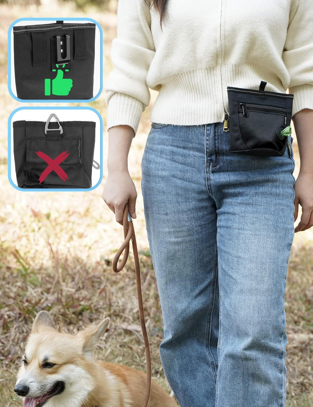 Gobeigo Hunde Leckerlibeutel und Training-Clicker, Zwei magnetische Verschlüsse gegen Verschütten, 2
