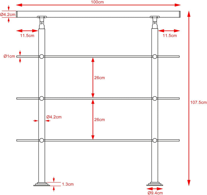 MONZANA® Treppengeländer Edelstahl Pflegeleicht 100cm mit 3 Querstreben Innen und Aussen Handlauf Ge