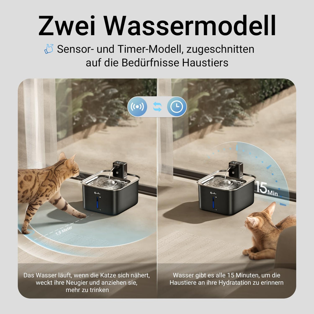 DownyPaws Katzenbrunnen Edelstahl Kabellos, Trinkbrunnen für Katze Edelstahl mit Bewegungsmelder und