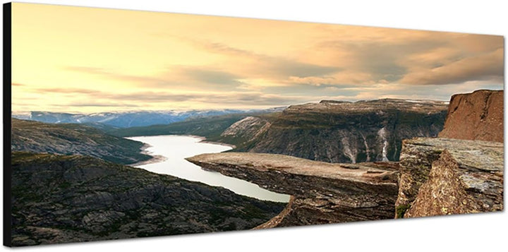 Paul Sinus Art Panoramabild auf Leinwand und Keilrahmen 150x50cm Norwegen Felsen Schlucht Fluss Wolk