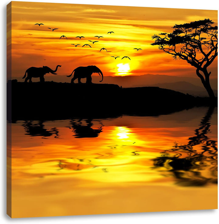 Pixxprint Elefanten in Afrikanischer Steppe, Format: 70x70 auf Leinwand, 70x70