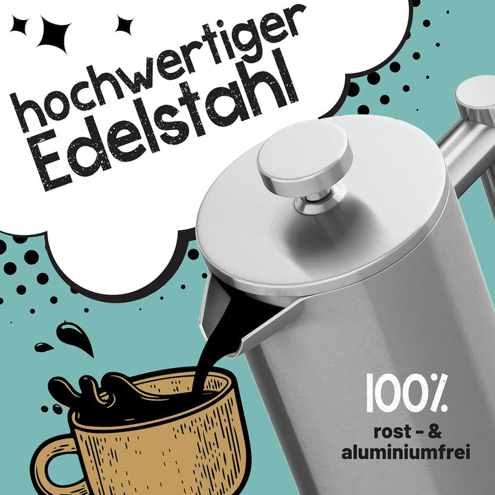 Premium French Press Edelstahl 1000 ml + 3 Ersatzfilter Stempelkanne isoliert Kaffeepresse 1l thermo