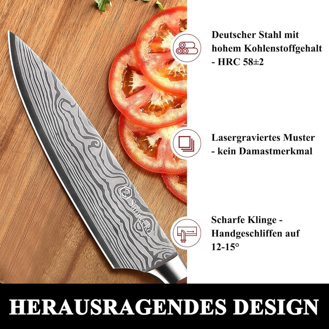 Sunnecko 20cm Kochmesser Deutschem Edelstahl Küchenmesser mit Pakkaholz Griff Allzweckmesser Küche S