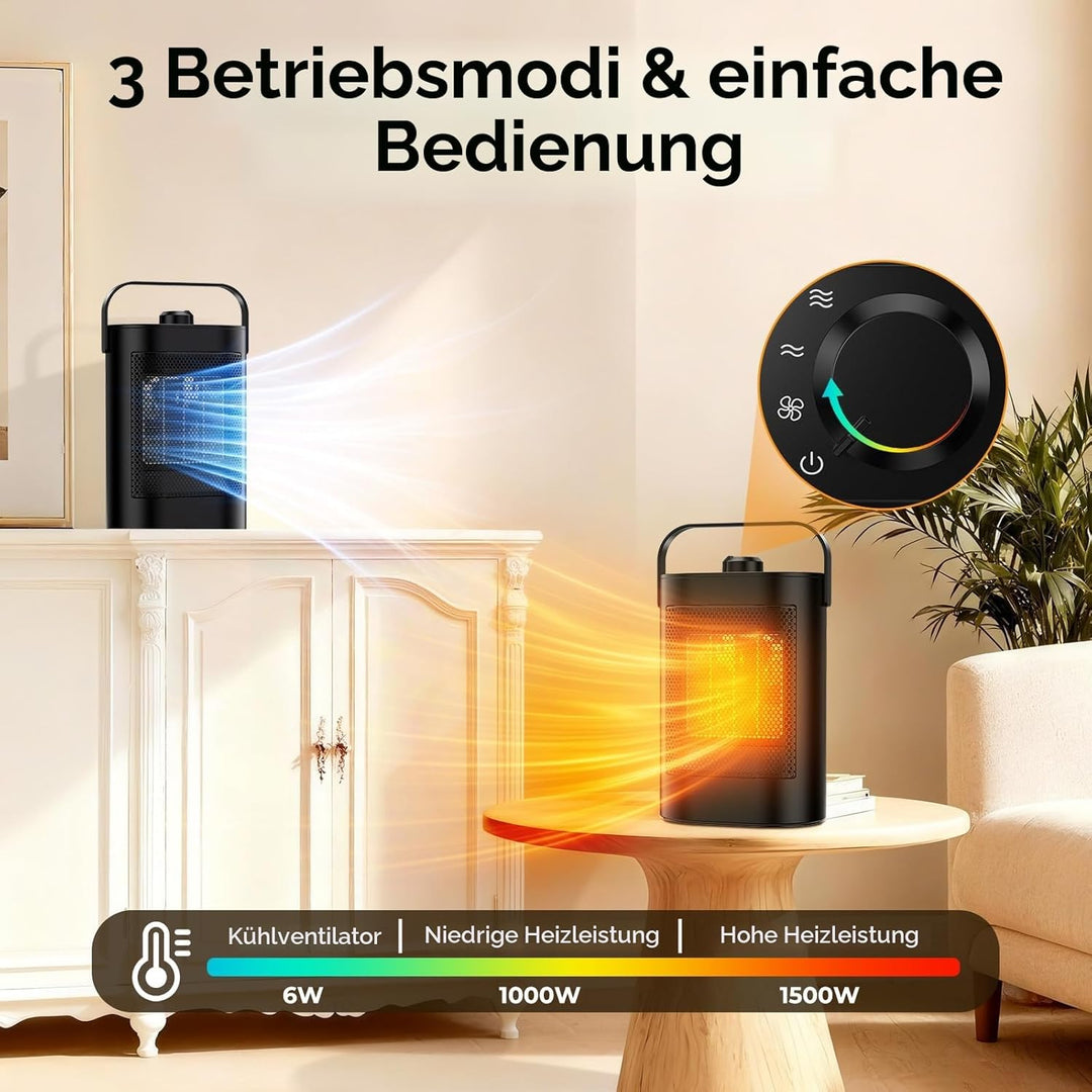 Heizlüfter Energiesparend,1500W PTC Keramik Heizung Elektrisch,3-Stufen-Modus, Überhitzungs- & Kipps