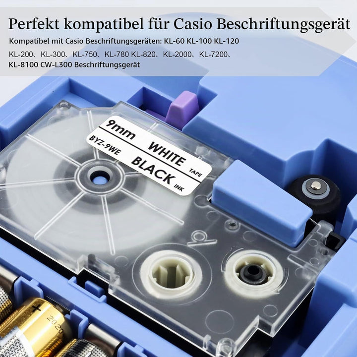 UniPlus 5x Kompatibel für Casio XR-9WE XR-9WE1 9mm x 8m Schriftband kompatibel für Casio KL-60 KL-10