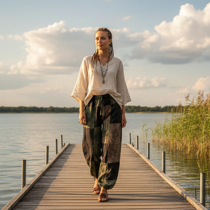 GURU SHOP Aladinhose, Patchwork, Unikat Pluderhose, Boho Hose, Damen 42 Grün, 42 Grün