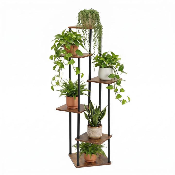 LEADZM 6 Etagen Pflanzenständer Blumenständer, Metall Holz Blumenhocker Blumentreppe Blumenregal, Bl
