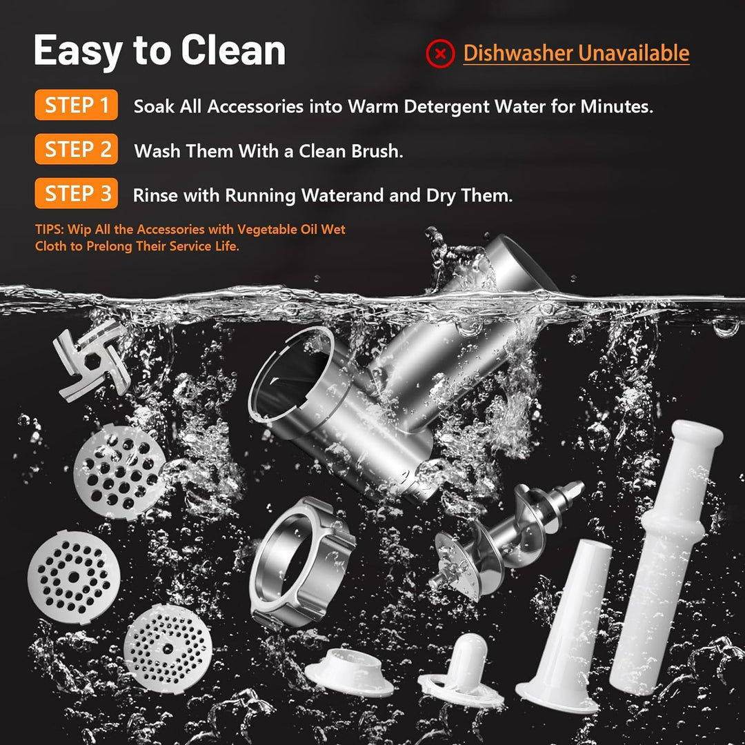 Yabano Fleischwolf Elektrisch, Wurstaufsatz, 3 Edelstahl Loch-Scheiben (3, 5, 7mm), Stopfer, Kebbe-A