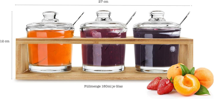 Sendez 3 Gewürzgläser mit Holzgestell und Löffeln Gewürzdosen Parmesandosen Marmeladendosen Set Honi