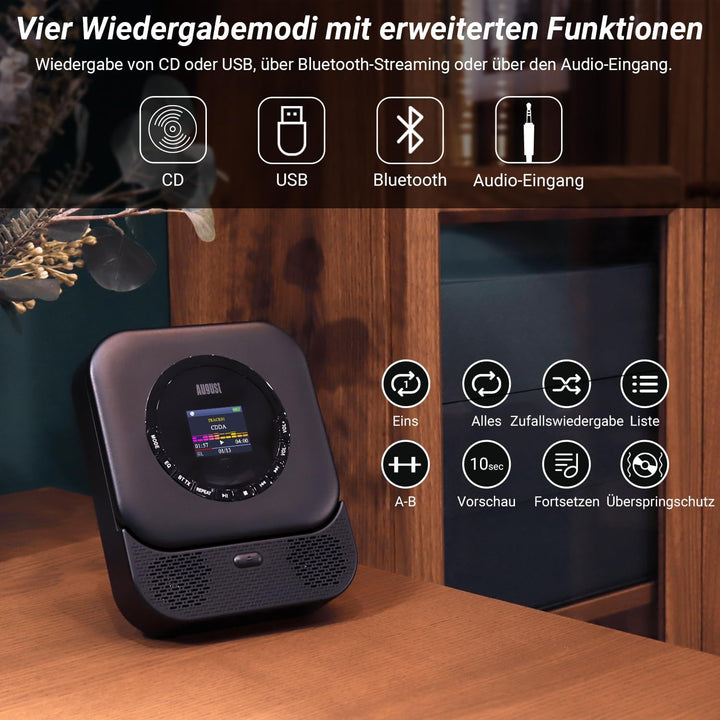 August SE15 Tragbarer Bluetooth 5.3 CD Player mit Lautsprecher 3,5mm Audio In/Out Wiederaufladbar CD