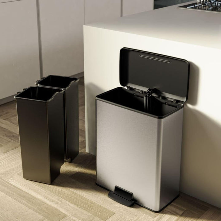 Curver Deco Bin Duo Tretmülleimer, Metallic Silber – Soft-Close-Deckel, 2 herausnehmbare 26L Eimer,