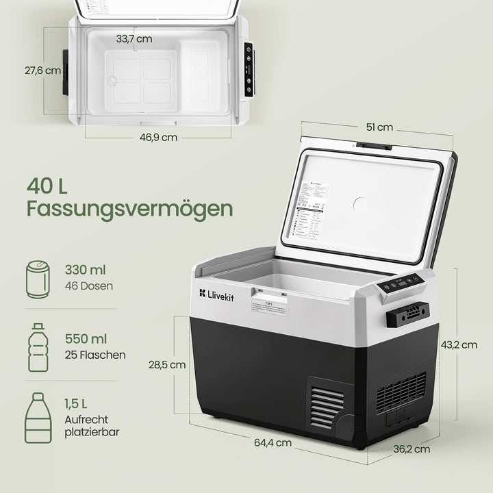 LLIVEKIT Kompressor Kühlbox 40L, -20~20°C, Tragbarer Kühlschrank, 12/24V DC, 100-240V AC, mit Beleuc