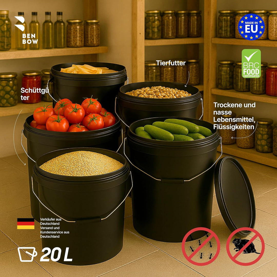 BenBow Eimer mit Deckel 20l schwarz 5X 20 Liter - lebensmittelecht, stabil, luftdicht, auslaufsicher