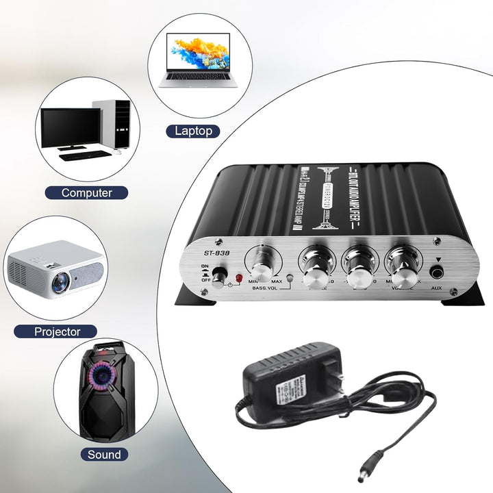 HiFi-Verstärker, 2.1CH Stereo Verstärker, RMS 20Wx2+40W ST-838 Mini Hifi Verstärker Subwoofer Ausgan