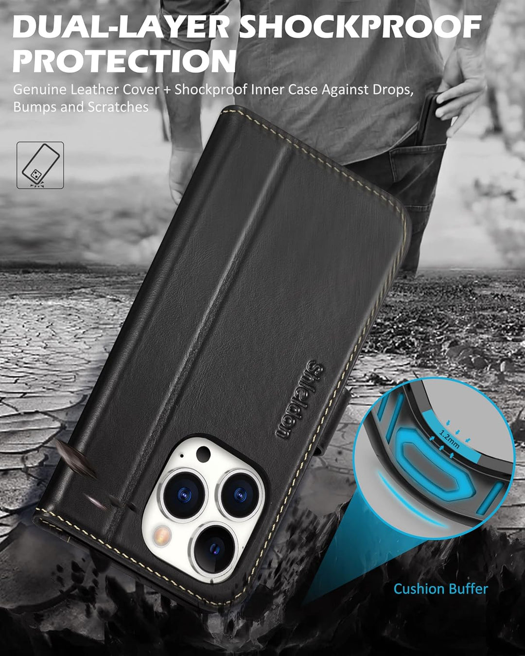 SHIELDON Hülle für iPhone 14 Pro 5G Handyhülle [Echtleder] [Kartenfach] [Standfunktion] [Verdicht TP