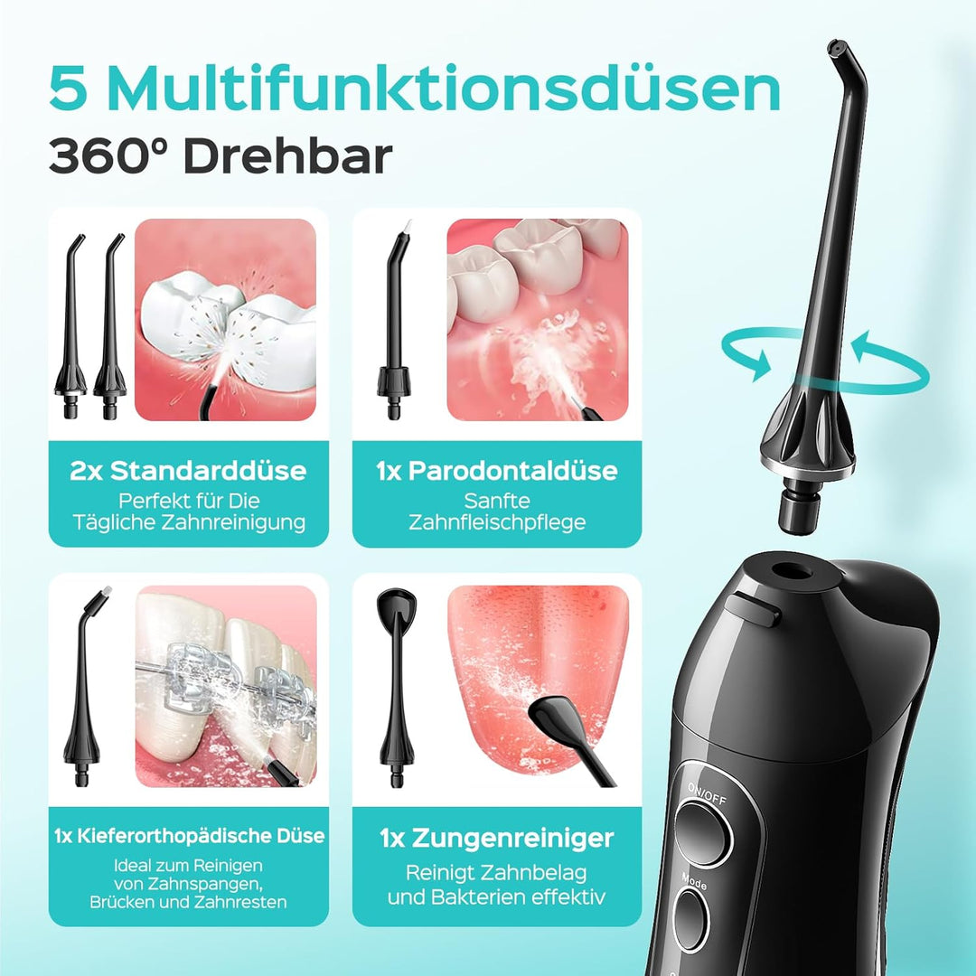 COSLUS Munddusche Kabellos Tragbar Elektrische Zahnreiniger, 300ML Wassertank Wiederaufladbar Zahndu