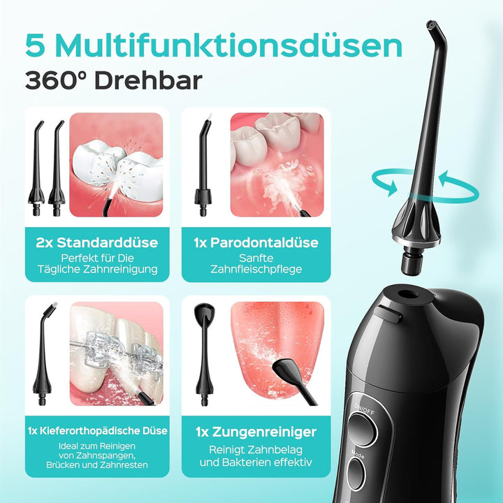 COSLUS Munddusche Kabellos Tragbar Elektrische Zahnreiniger, 300ML Wassertank Wiederaufladbar Zahndu