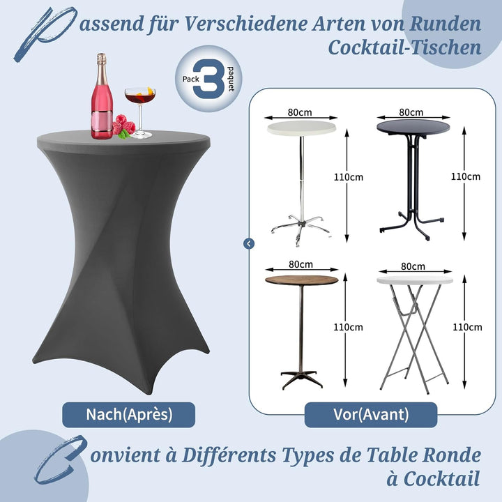 3er-Set Grau Stretch Stehtisch Husse für Bistrotisch Ø80-85 cm Spandex Stretch Tischdecke, Verstärku