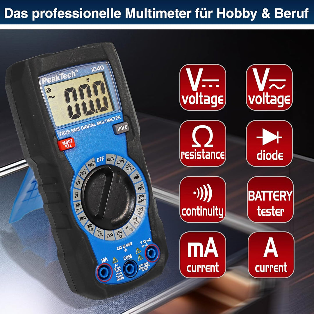 PeakTech 1040 – True RMS Digital Multimeter, Manuell-Range, 2.000 Counts, Durchgangsprüfer, Mehrfach